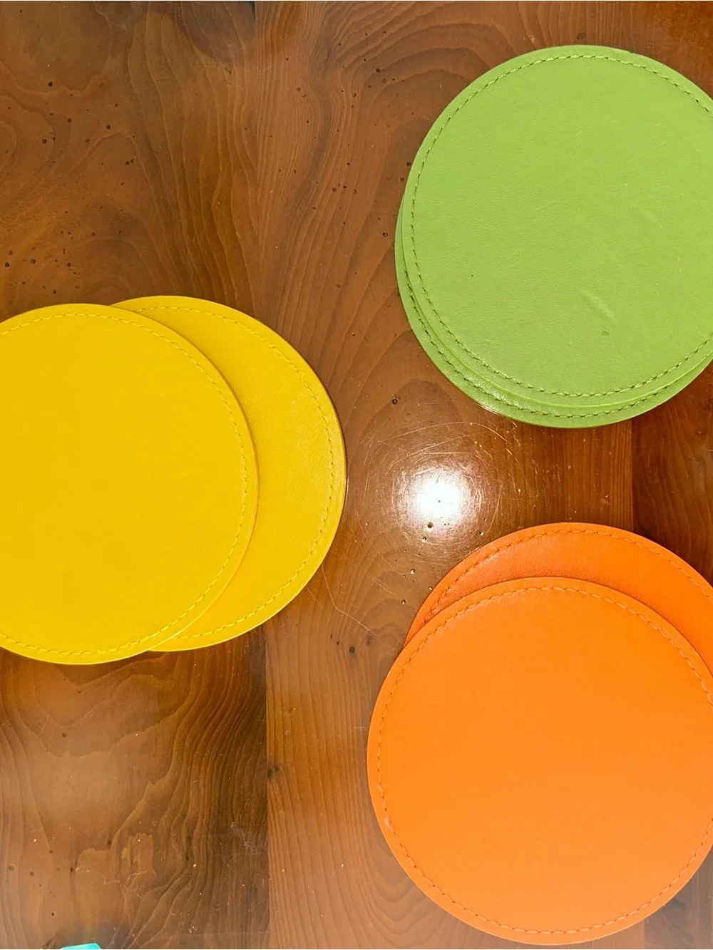 Crate & Barrel 6 Leather Coasters Yellow, Orange, Green 4x4